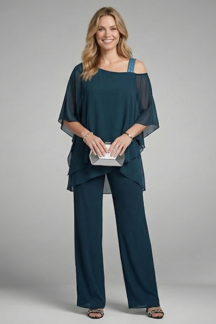 Women's Two Piece Set with Asymmetric Draped Top & Wide Leg Pants – Summer Co-Ord Set