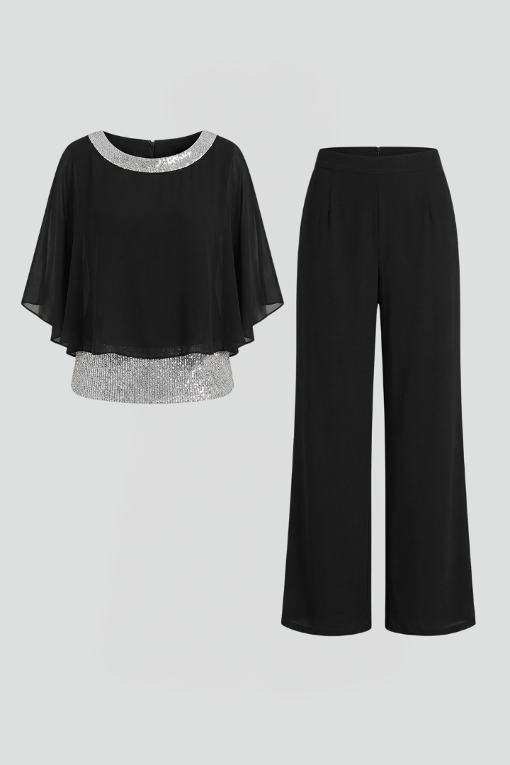 Women's Two-Piece Set with Embellished Neckline Top & Wide-Leg Pants – Smart Casual Co-ord