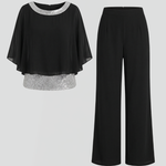 Women's Two-Piece Set with Embellished Neckline Top & Wide-Leg Pants – Smart Casual Co-ord