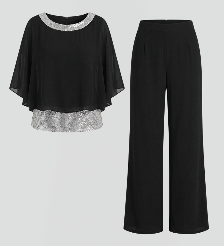 Women's Two-Piece Set with Embellished Neckline Top & Wide-Leg Pants – Smart Casual Co-ord
