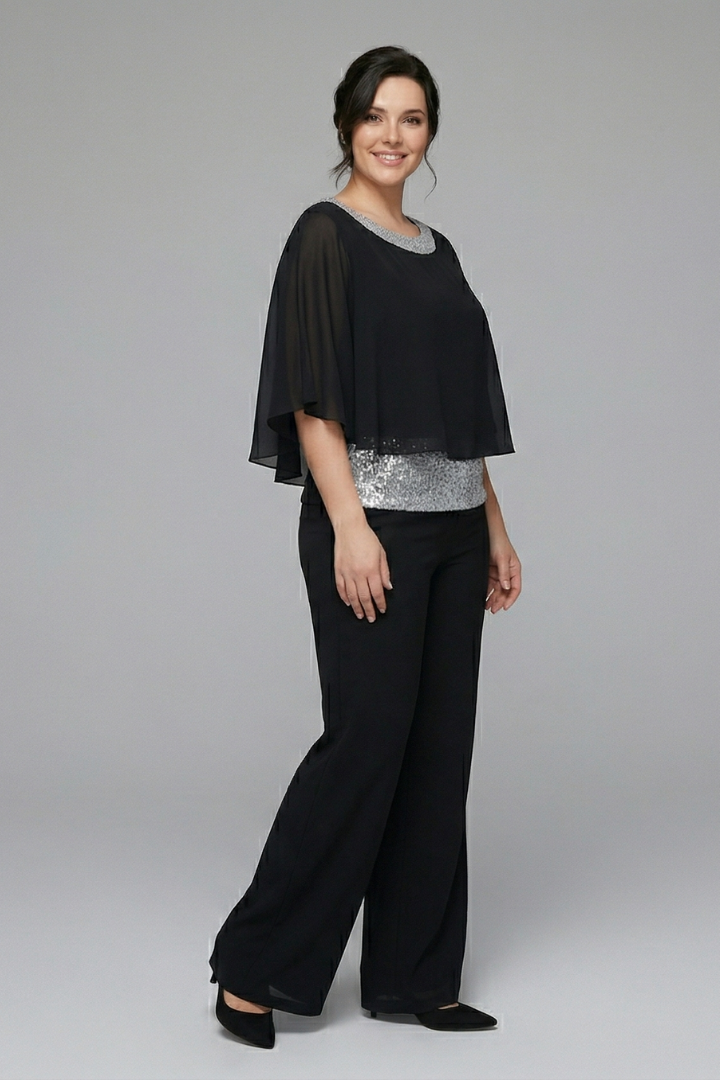 Women's Two-Piece Set with Embellished Neckline Top & Wide-Leg Pants – Smart Casual Co-ord