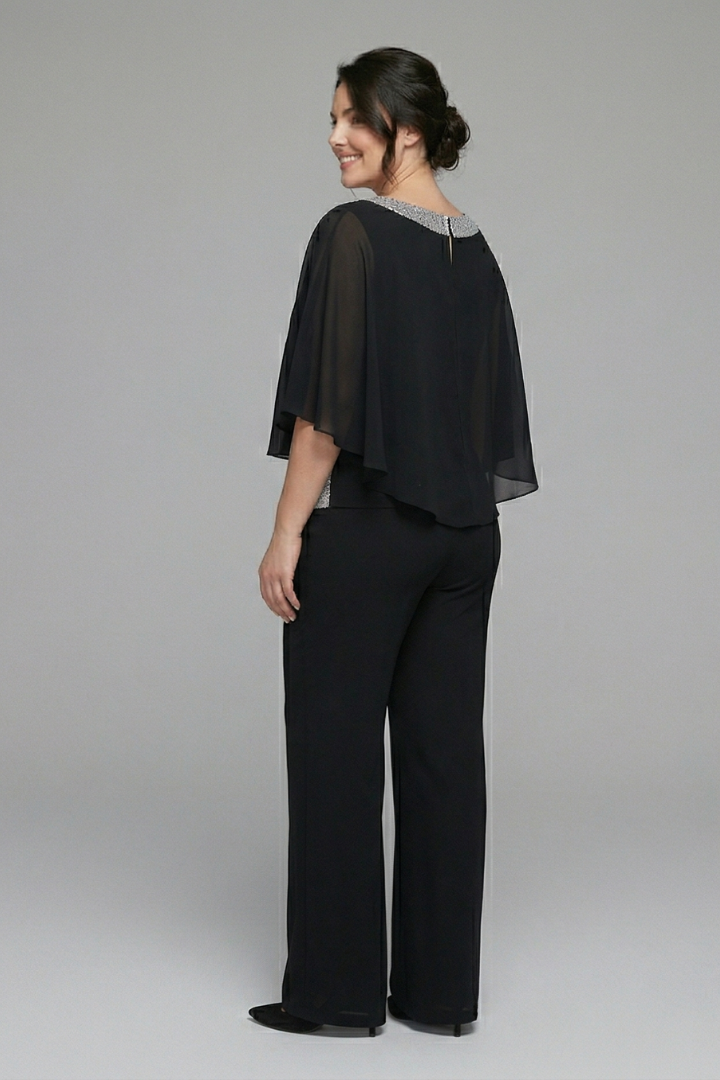 Women's Two-Piece Set with Embellished Neckline Top & Wide-Leg Pants – Smart Casual Co-ord