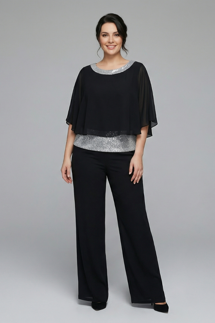 Women's Two-Piece Set with Embellished Neckline Top & Wide-Leg Pants – Smart Casual Co-ord