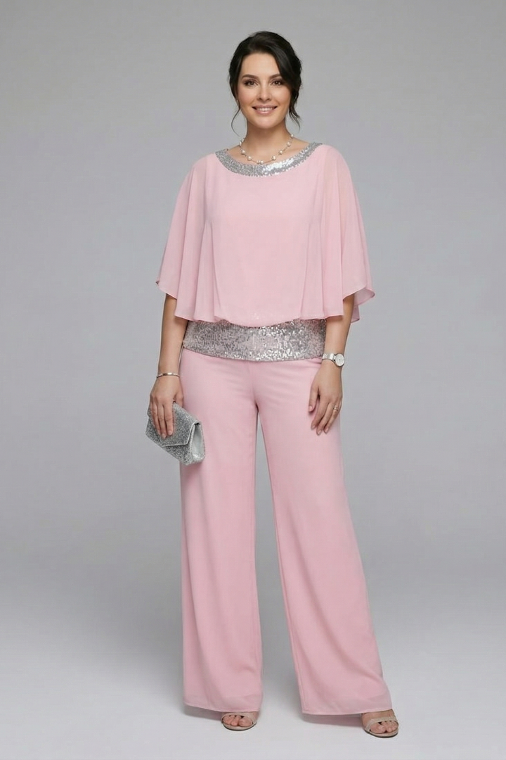Women's Two-Piece Set with Embellished Neckline Top & Wide-Leg Pants – Smart Casual Co-ord