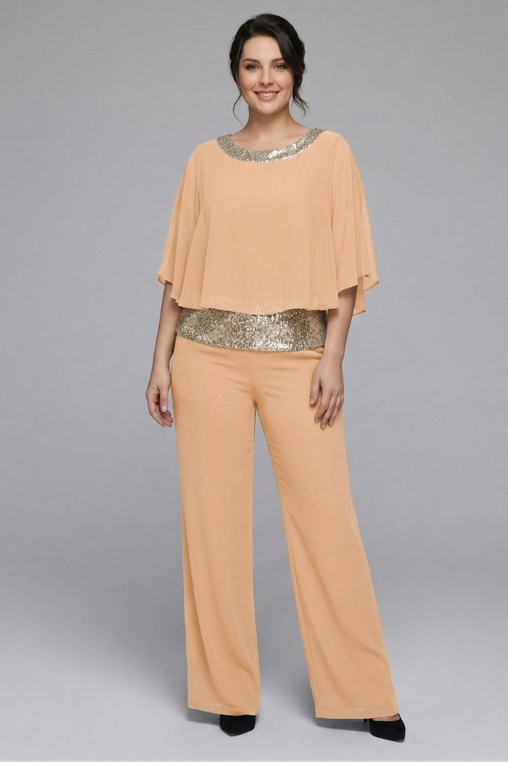 Women's Two-Piece Set with Embellished Neckline Top & Wide-Leg Pants – Smart Casual Co-ord