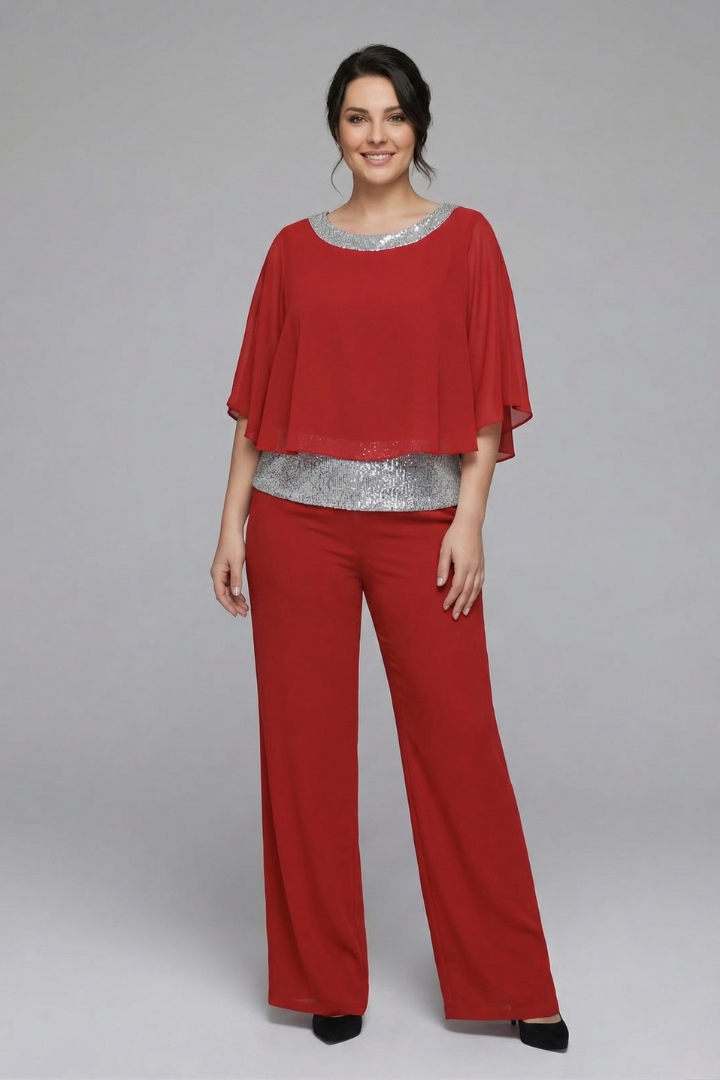 Women's Two-Piece Set with Embellished Neckline Top & Wide-Leg Pants – Smart Casual Co-ord