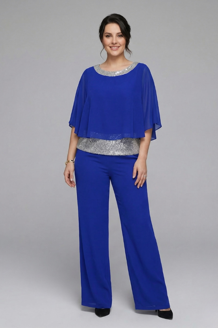 Women's Two-Piece Set with Embellished Neckline Top & Wide-Leg Pants – Smart Casual Co-ord