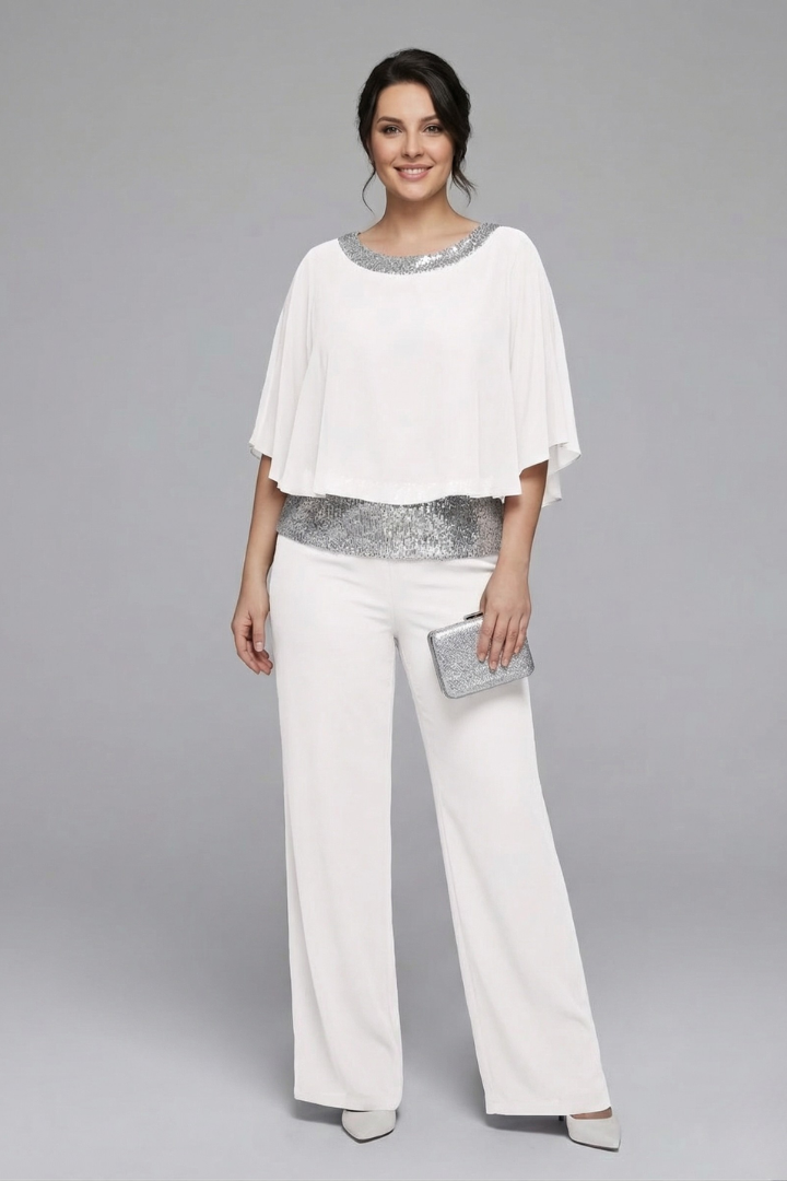 Women's Two-Piece Set with Embellished Neckline Top & Wide-Leg Pants – Smart Casual Co-ord