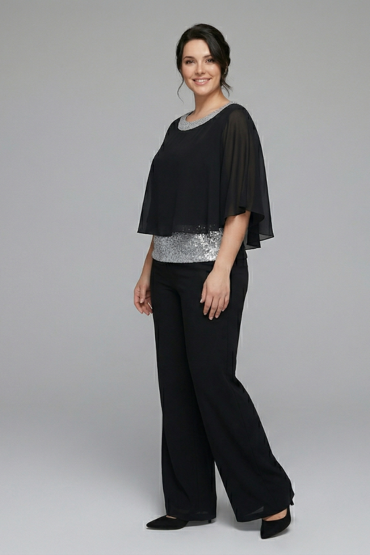 Women's Two-Piece Set with Embellished Neckline Top & Wide-Leg Pants – Smart Casual Co-ord