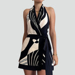 Women's Halter Neck Wrap Mini Dress with Tie Waist – Black Sleeveless Patterned Summer Dress