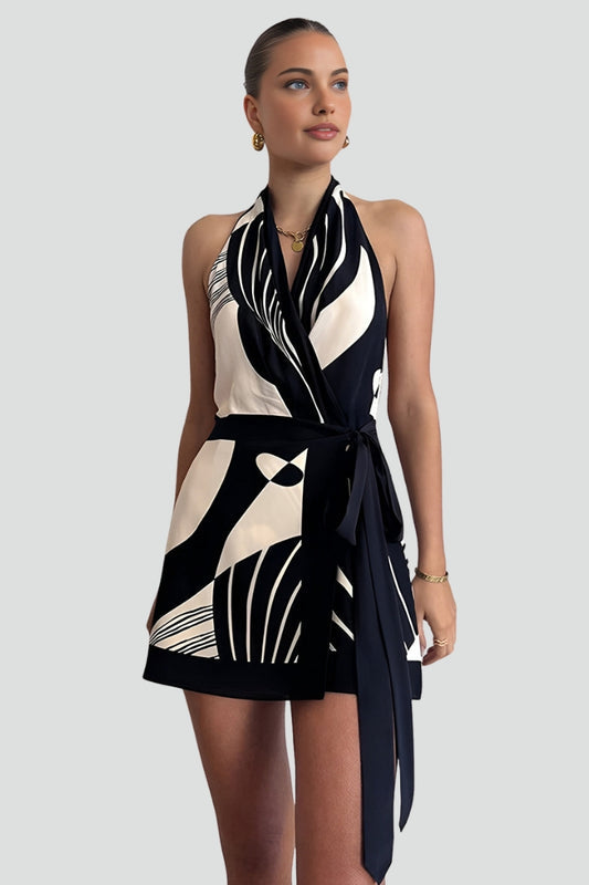 Women's Halter Neck Wrap Mini Dress with Tie Waist – Black Sleeveless Patterned Summer Dress