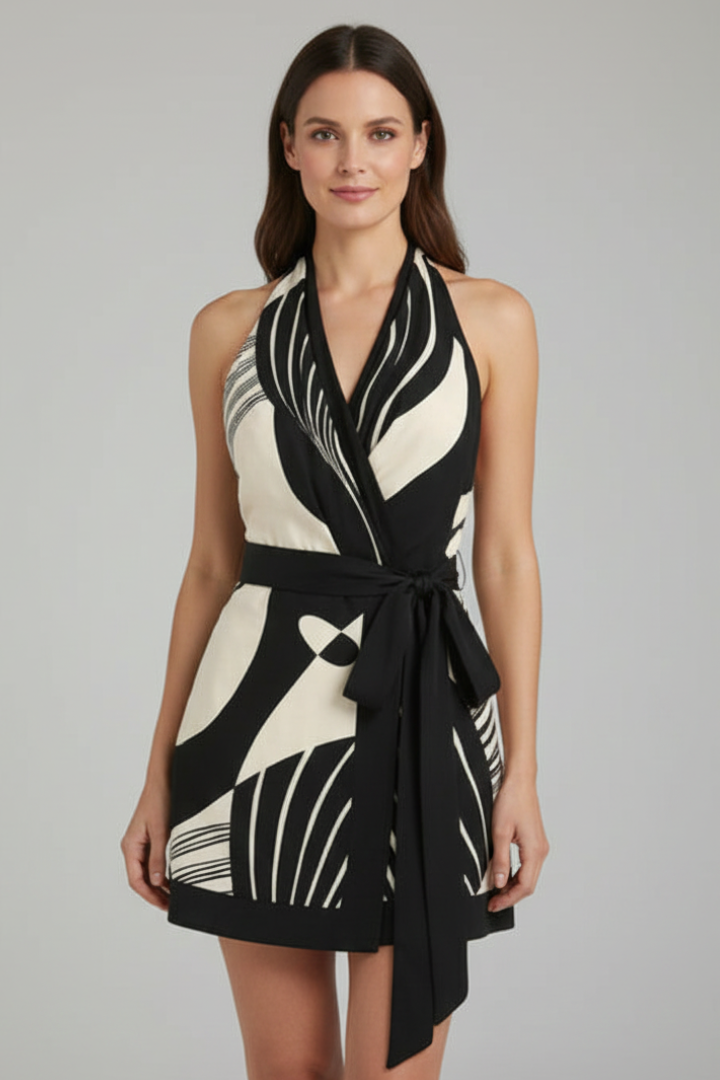 Women's Halter Neck Wrap Mini Dress with Tie Waist – Black Sleeveless Patterned Summer Dress