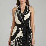 Women's Halter Neck Wrap Mini Dress with Tie Waist – Black Sleeveless Patterned Summer Dress