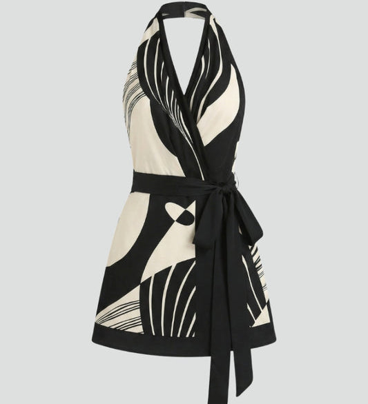 Women's Halter Neck Wrap Mini Dress with Tie Waist – Black Sleeveless Patterned Summer Dress