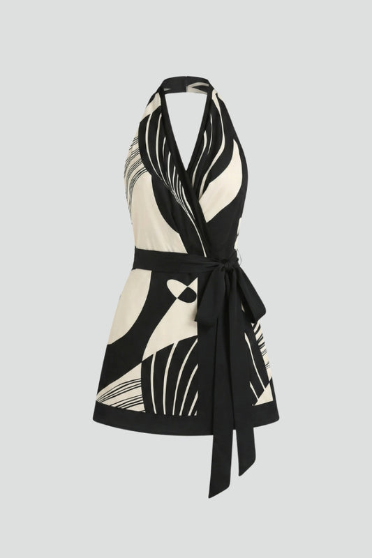 Women's Halter Neck Wrap Mini Dress with Tie Waist – Black Sleeveless Patterned Summer Dress