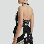 Women's Halter Neck Wrap Mini Dress with Tie Waist – Black Sleeveless Patterned Summer Dress