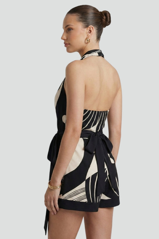 Women's Halter Neck Wrap Mini Dress with Tie Waist – Black Sleeveless Patterned Summer Dress