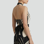 Women's Halter Neck Wrap Mini Dress with Tie Waist – Black Sleeveless Patterned Summer Dress