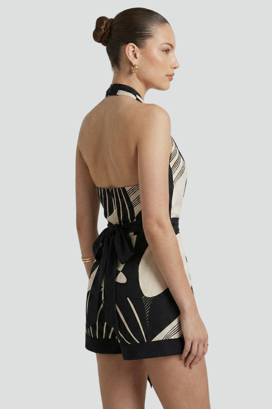 Women's Halter Neck Wrap Mini Dress with Tie Waist – Black Sleeveless Patterned Summer Dress
