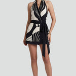 Women's Halter Neck Wrap Mini Dress with Tie Waist – Black Sleeveless Patterned Summer Dress