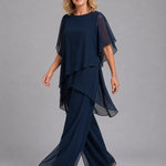 Women's Layered Chiffon-Style Top and Wide Leg Pants Set – Asymmetric Two-Piece Occasion Outfit