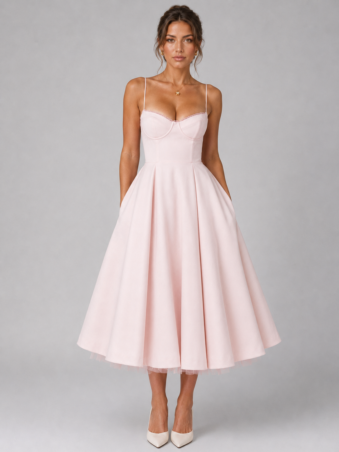 Women's Sweetheart Corset Midi Dress with Full Skirt – Satin-Feel Occasion Dress