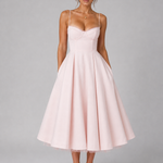 Women's Sweetheart Corset Midi Dress with Full Skirt – Satin-Feel Occasion Dress
