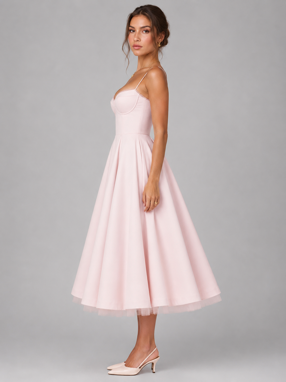Women's Sweetheart Corset Midi Dress with Full Skirt – Satin-Feel Occasion Dress