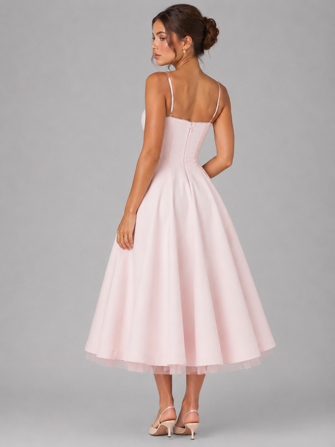 Women's Sweetheart Corset Midi Dress with Full Skirt – Satin-Feel Occasion Dress