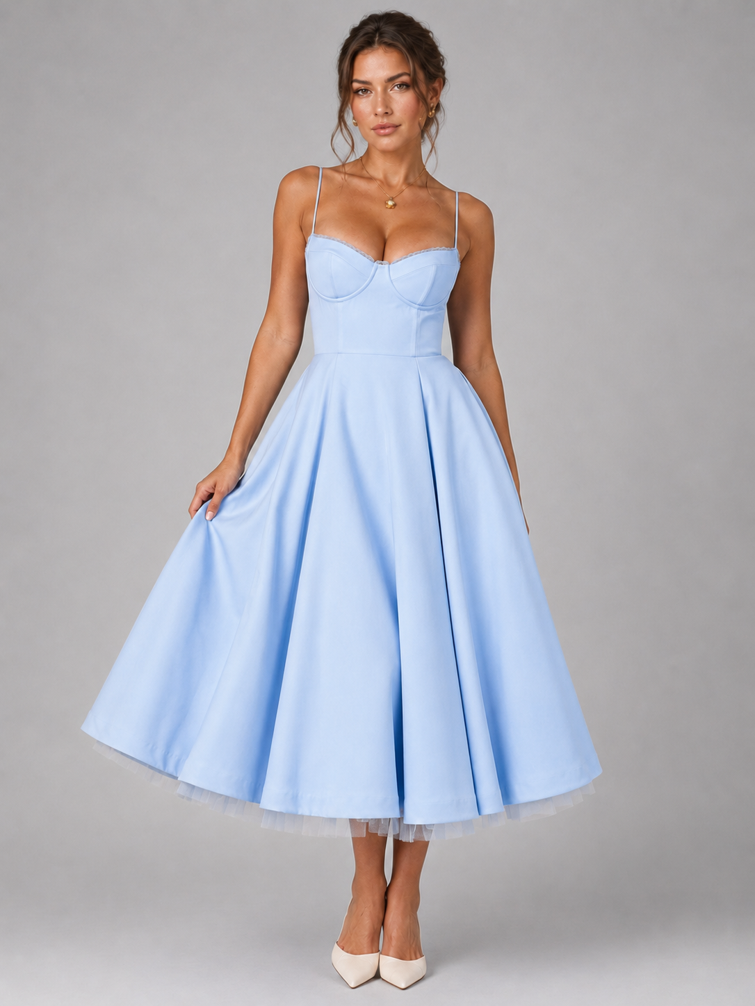 Women's Sweetheart Corset Midi Dress with Full Skirt – Satin-Feel Occasion Dress