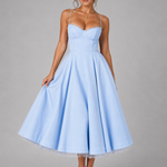 Women's Sweetheart Corset Midi Dress with Full Skirt – Satin-Feel Occasion Dress