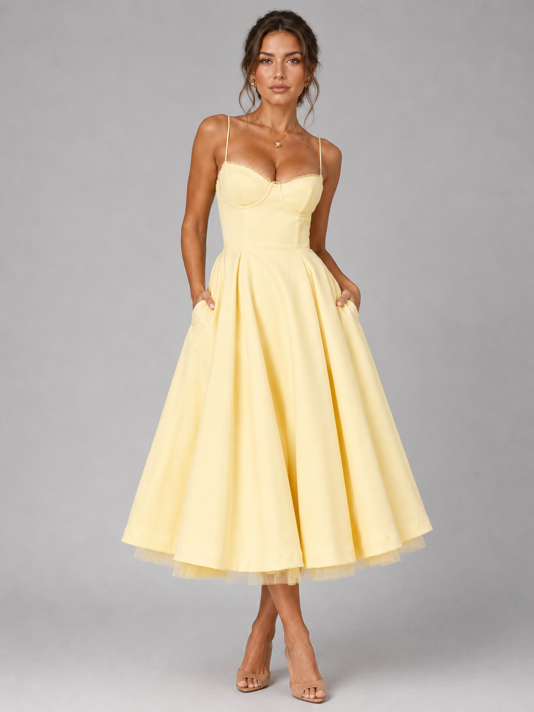 Women's Sweetheart Corset Midi Dress with Full Skirt – Satin-Feel Occasion Dress