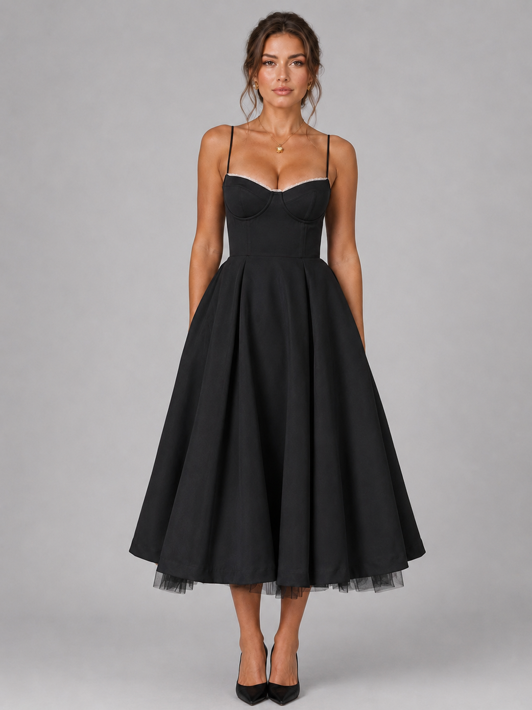 Women's Sweetheart Corset Midi Dress with Full Skirt – Satin-Feel Occasion Dress