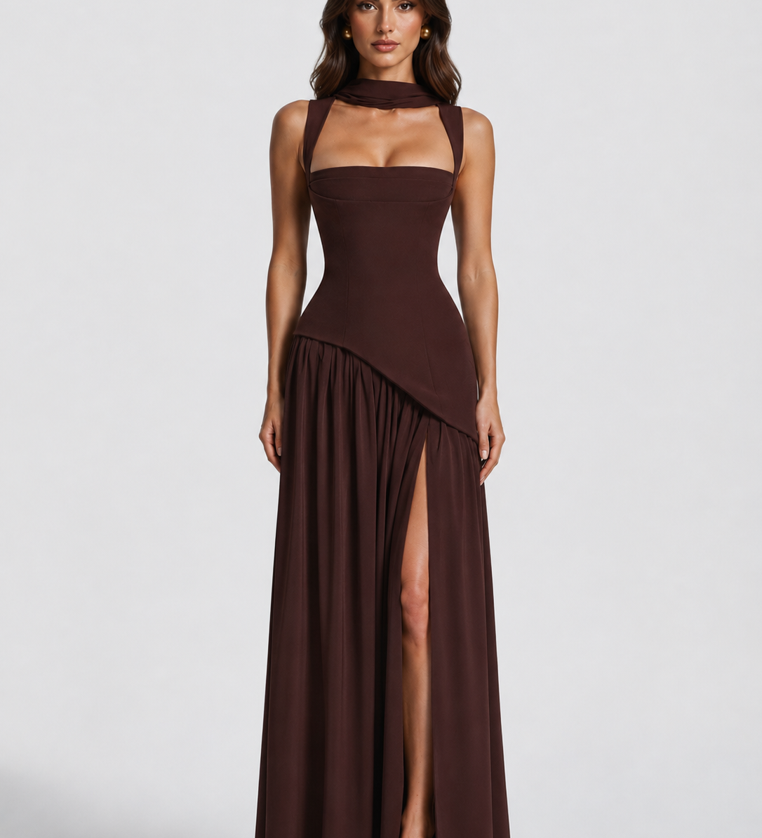 Women's Draped Satin-Feel Maxi Dress with Side Split – Sculpted Bodice Evening & Wedding Guest Dress