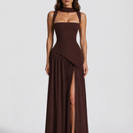 Women's Draped Satin-Feel Maxi Dress with Side Split – Sculpted Bodice Evening & Wedding Guest Dress