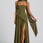 Women's Draped Satin-Feel Maxi Dress with Side Split – Sculpted Bodice Evening & Wedding Guest Dress