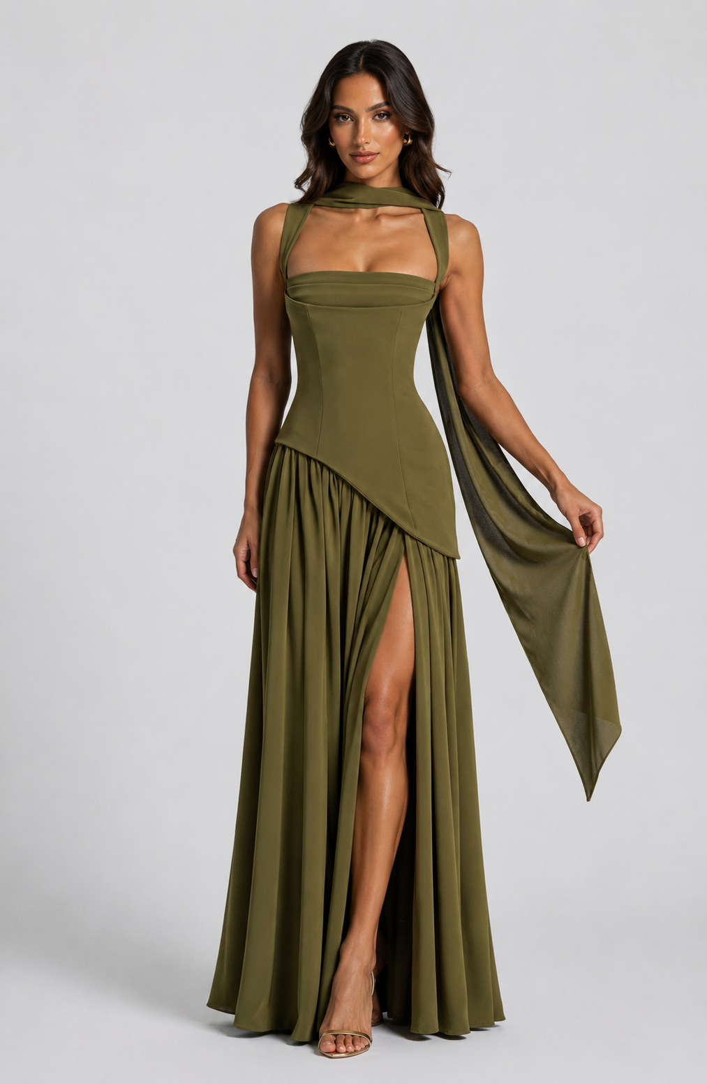 Women's Draped Satin-Feel Maxi Dress with Side Split – Sculpted Bodice Evening & Wedding Guest Dress