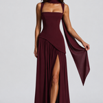 Women's Draped Satin-Feel Maxi Dress with Side Split – Sculpted Bodice Evening & Wedding Guest Dress
