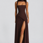 Women's Draped Satin-Feel Maxi Dress with Side Split – Sculpted Bodice Evening & Wedding Guest Dress