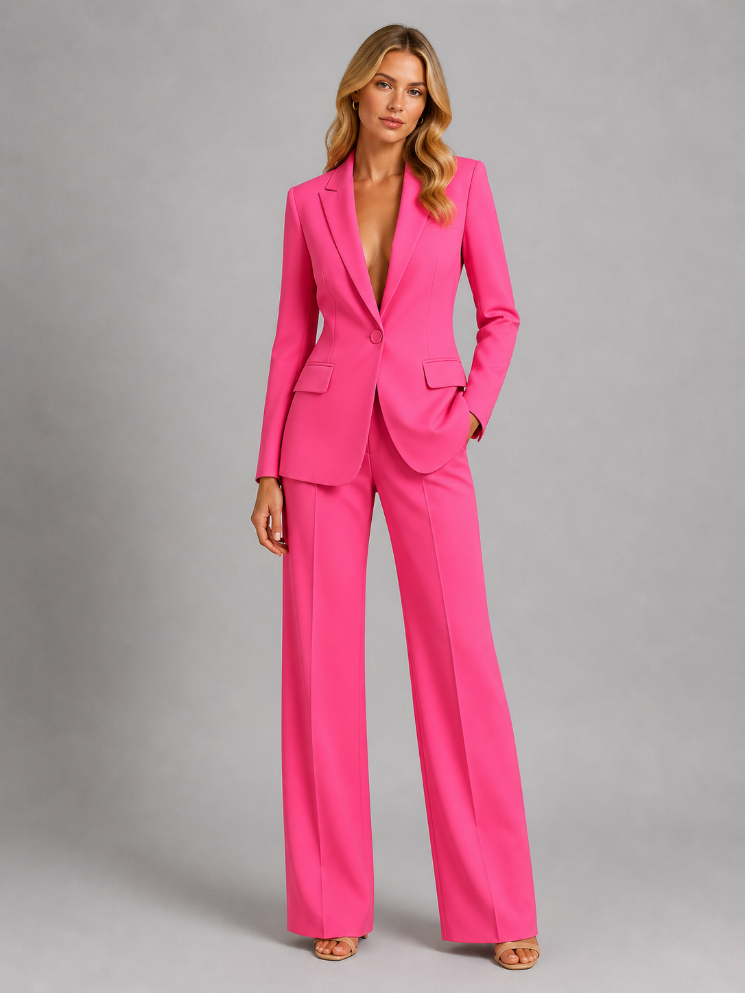 Women's Tailored Blazer and Wide-Leg Pants Set – Polyester Blend Two-Piece Suit for Work and Events