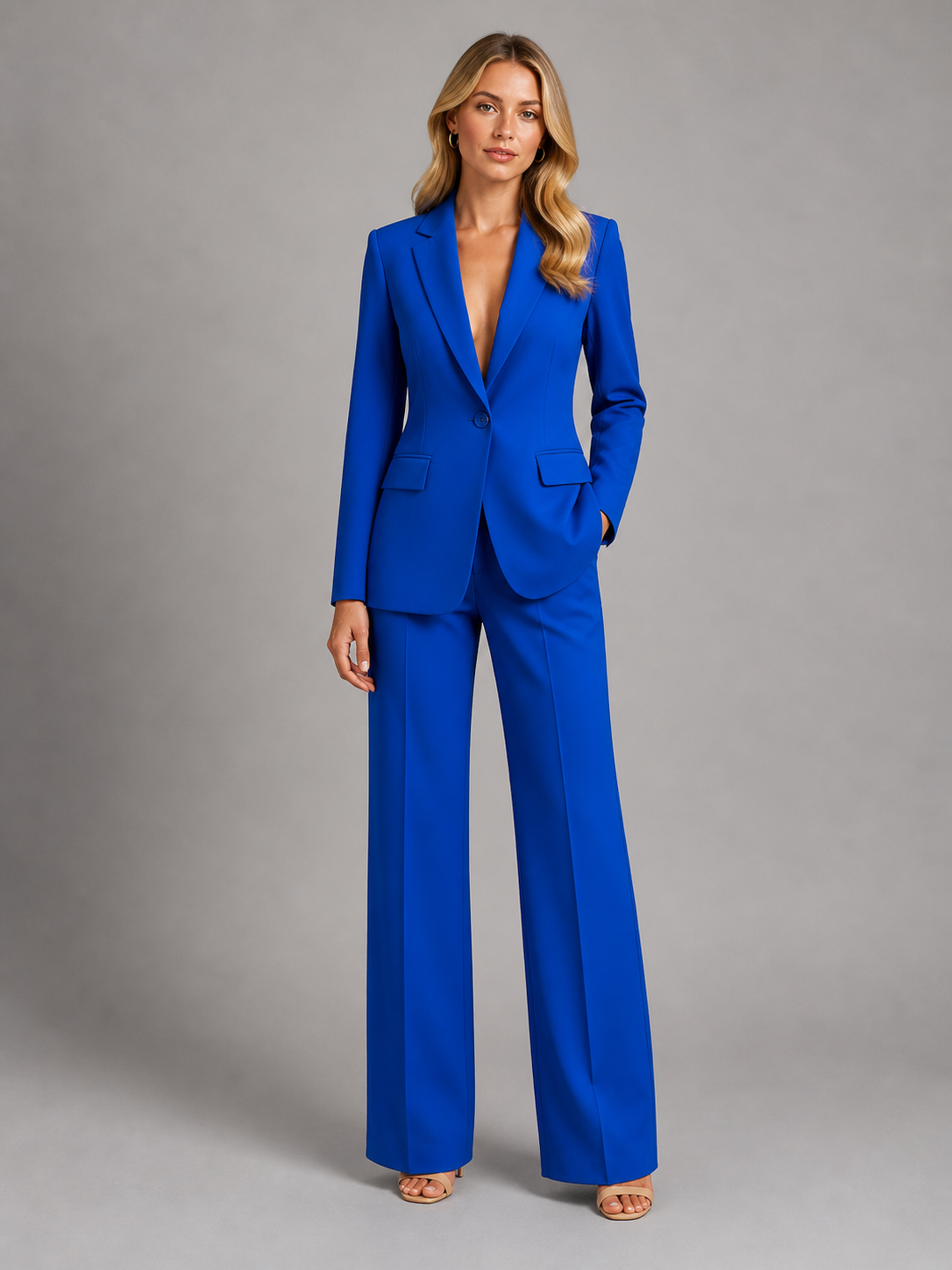 Women's Tailored Blazer and Wide-Leg Pants Set – Polyester Blend Two-Piece Suit for Work and Events