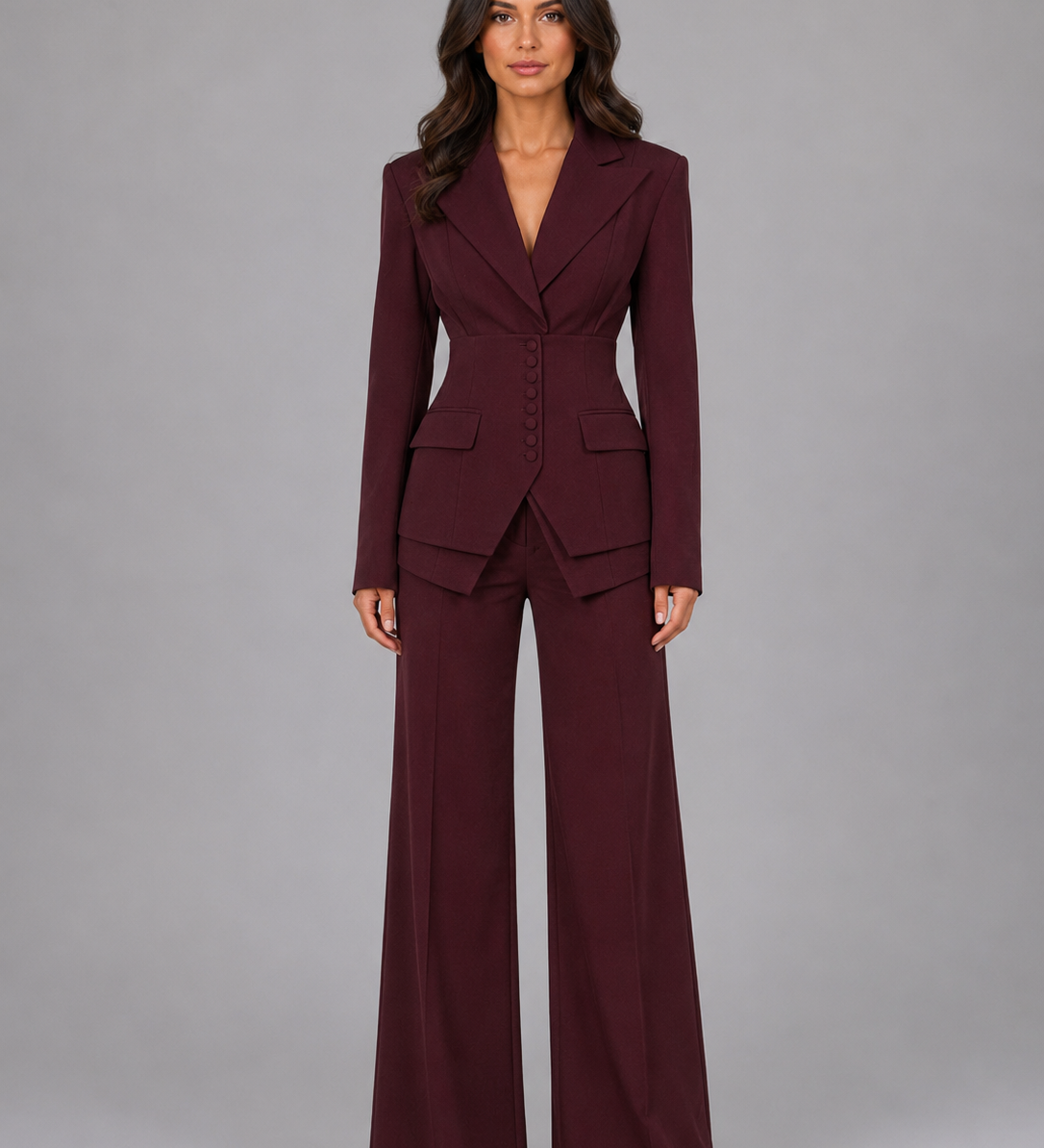 Women's Two-Piece Pant Suit with Cinched Waist Blazer & Wide-Leg Pants – Tailored Office Set