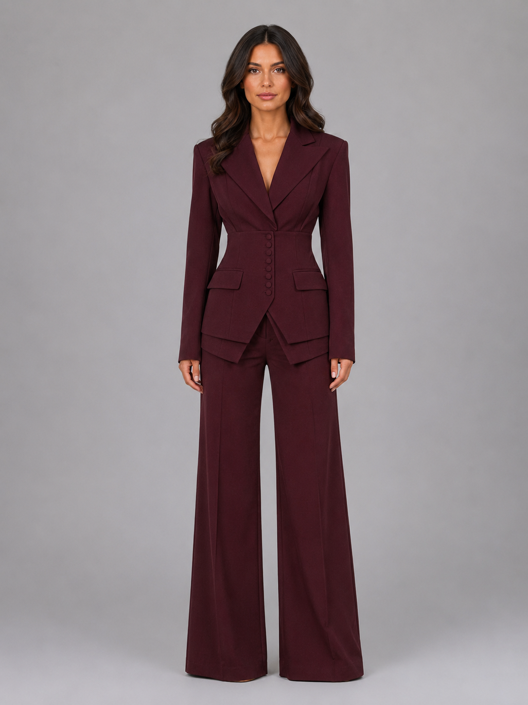 Women's Two-Piece Pant Suit with Cinched Waist Blazer & Wide-Leg Pants – Tailored Office Set