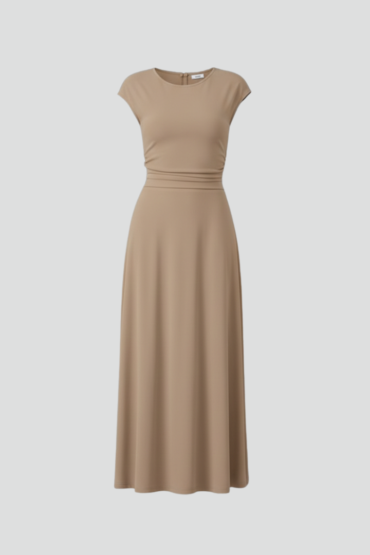Women's Cap Sleeve Round Neck Midi Dress with High Waist – Flared Textured Day Dress
