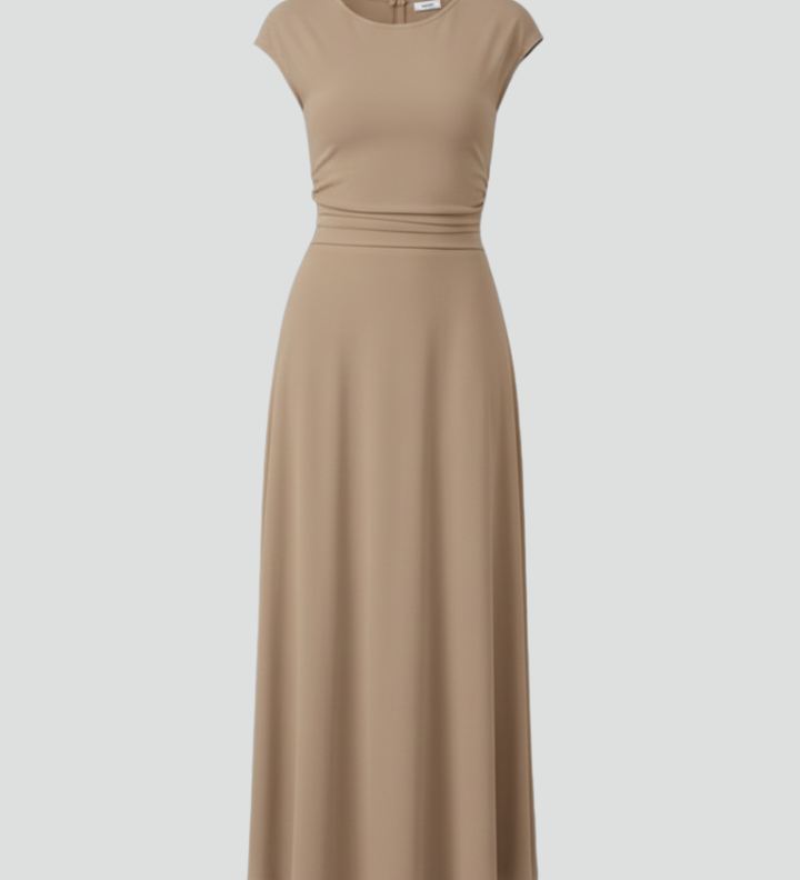 Women's Cap Sleeve Round Neck Midi Dress with High Waist – Flared Textured Day Dress