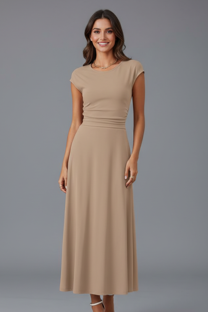 Women's Cap Sleeve Round Neck Midi Dress with High Waist – Flared Textured Day Dress