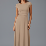 Women's Cap Sleeve Round Neck Midi Dress with High Waist – Flared Textured Day Dress