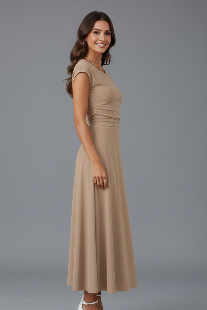 Women's Cap Sleeve Round Neck Midi Dress with High Waist – Flared Textured Day Dress