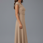 Women's Cap Sleeve Round Neck Midi Dress with High Waist – Flared Textured Day Dress