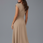 Women's Cap Sleeve Round Neck Midi Dress with High Waist – Flared Textured Day Dress